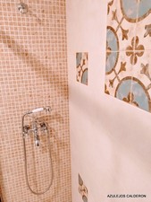 REFORMA DE BAÑO . CONTRASTE ENTRE AZULEJO TIPO GRESITE Y AZULEJO LISO CON DECORADOS